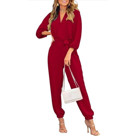 NEW RED V Neck Long Sleeve Pockets Romper Jumpsuit S 4/6 NO BELT - Picture 1 of 6